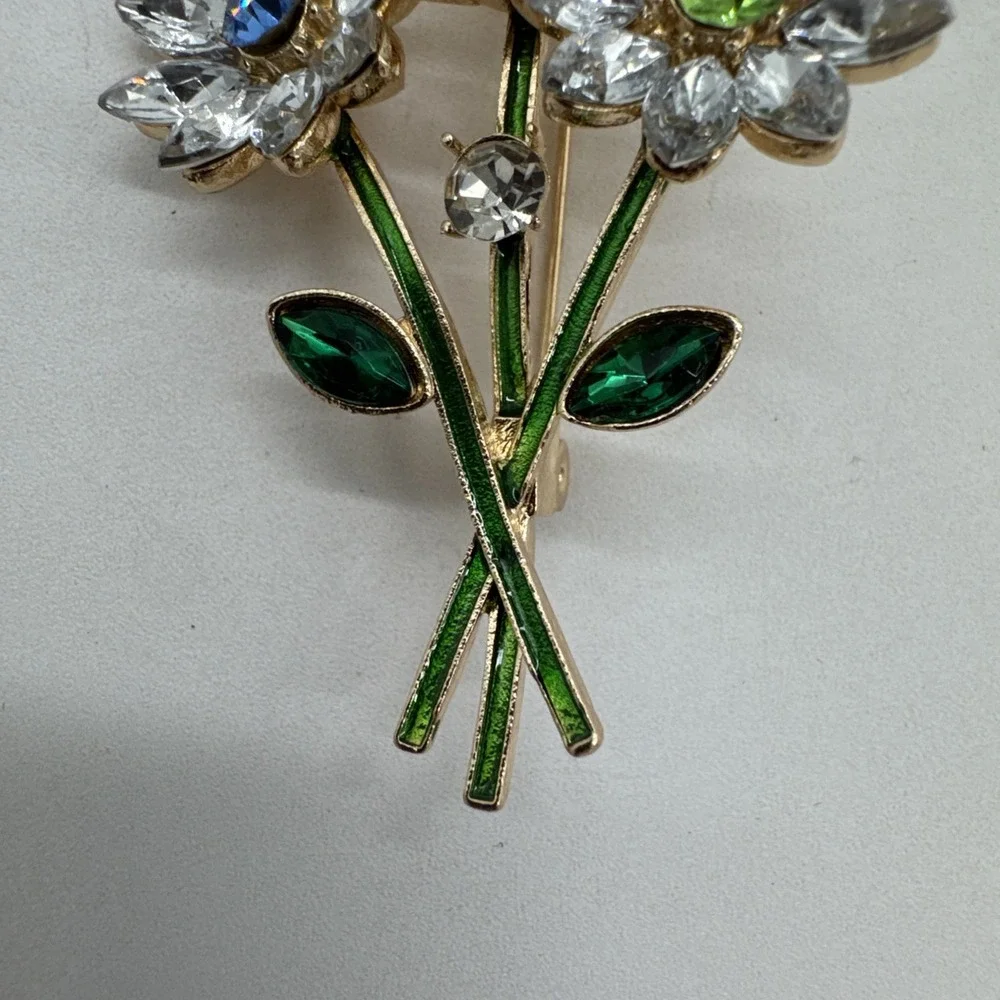 Vintage Rhinestone Flower Bouquet Brooch Pin Gold Tone Enamel Daisy Floral